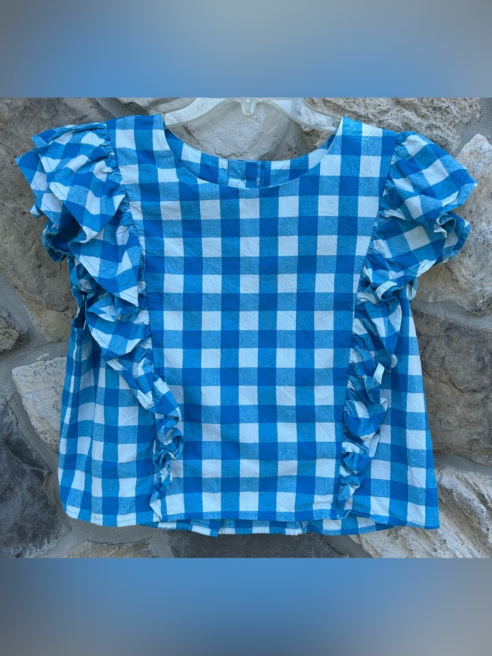 Entro Boutique Top Size L Blue Gingham Cotton Ruffle Feminine Boxy Cropped Boho - Picture 2 of 7